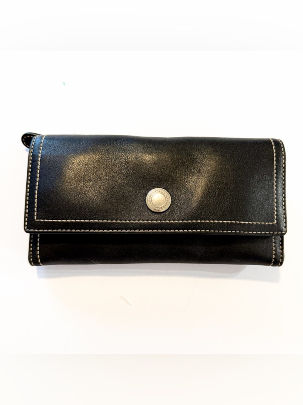 Coach Black Leather Long Wallet Pink Interior Snap Closure Checkbook Style